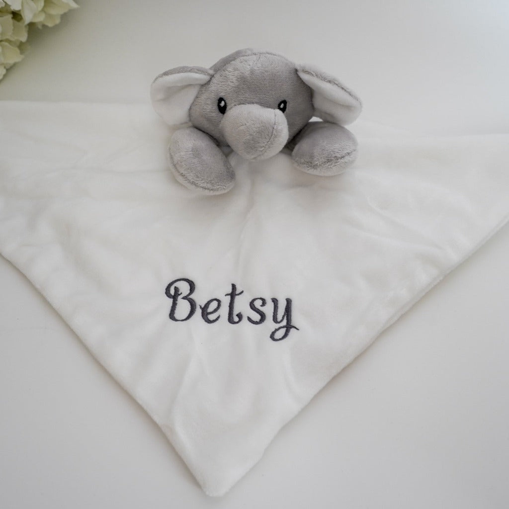 elephant white and grey baby comforter with personalised embroidery