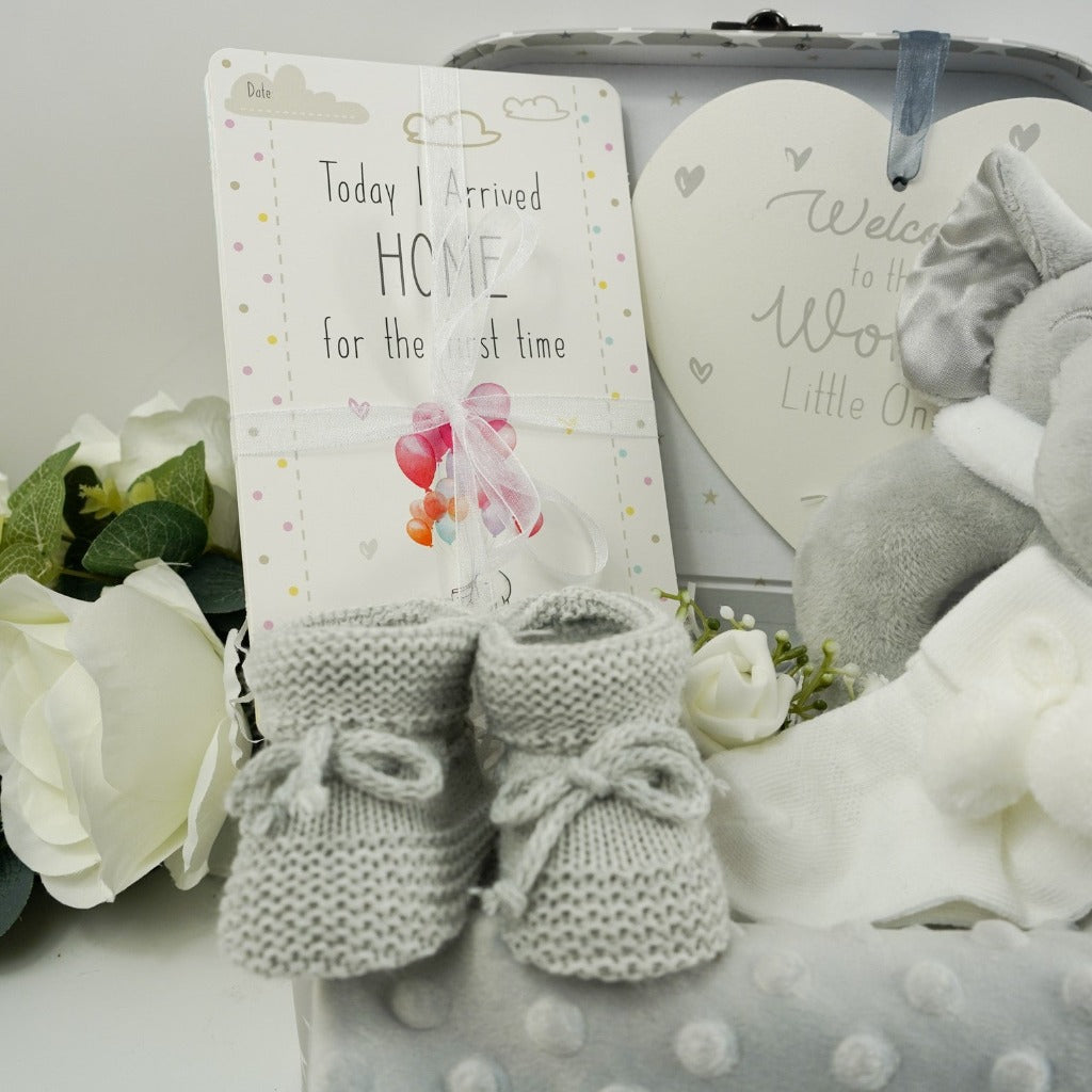 grey and white baby case wioth memorable moments cards, grey taggie comfort blanket, grey knitted booties, white baby socks with pom poms, grey soft elephant rattle, white and sliver baby nursery plaque