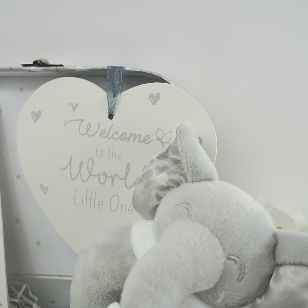 grey and white baby case wioth memorable moments cards, grey taggie comfort blanket, grey knitted booties, white baby socks with pom poms, grey soft elephant rattle, white and sliver baby nursery plaque