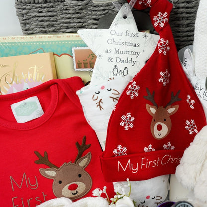 Luxury Baby’s First Christmas Hamper Basket Gift, Baby Christmas Outfit, Snowman Soft Toy, Christmas Tree Decoration, Neals Yard London Mother Toiletries, My First Christmas Hat, Corporate Baby Hamper