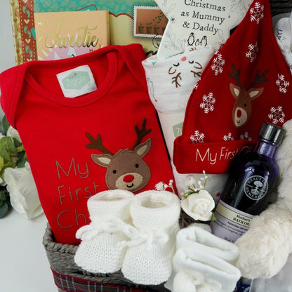 Luxury Baby’s First Christmas Hamper Basket Gift, Baby Christmas Outfit, Snowman Soft Toy, Christmas Tree Decoration, Neals Yard London Mother Toiletries, My First Christmas Hat, Corporate Baby Hamper