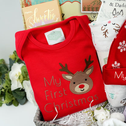 Luxury Baby’s First Christmas Hamper Basket Gift, Baby Christmas Outfit, Snowman Soft Toy, Christmas Tree Decoration, Neals Yard London Mother Toiletries, My First Christmas Hat, Corporate Baby Hamper
