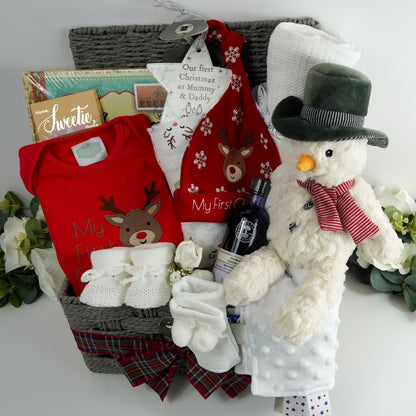 Luxury Baby’s First Christmas Hamper Basket Gift, Baby Christmas Outfit, Snowman Soft Toy, Christmas Tree Decoration, Neals Yard London Mother Toiletries, My First Christmas Hat, Corporate Baby Hamper