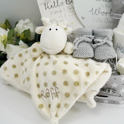 Welcome To The World Baby Hamper, Small Neutral Baby Hamper Gift, Giraffe Comforter, Baby Beanie Hat, Baby Booties, Memorably Moments Cards, Baby Keepsake Suitcase