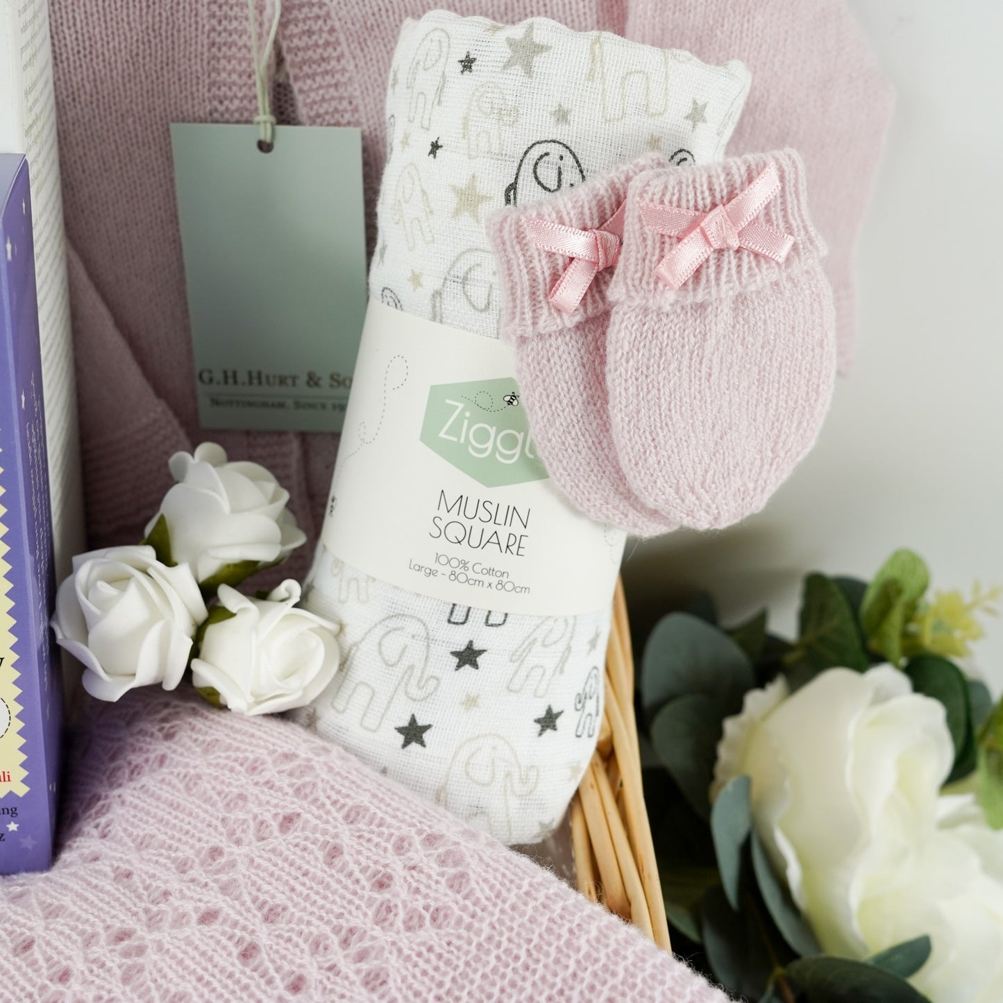Luxury Cashmere Baby Girl Hamper Basket, Cashmere Baby Receiving Blanket By G H Hurt,  Cashmere Baby Set, Little Butterfly London Baby Toiletries,  Corporate Baby Gift