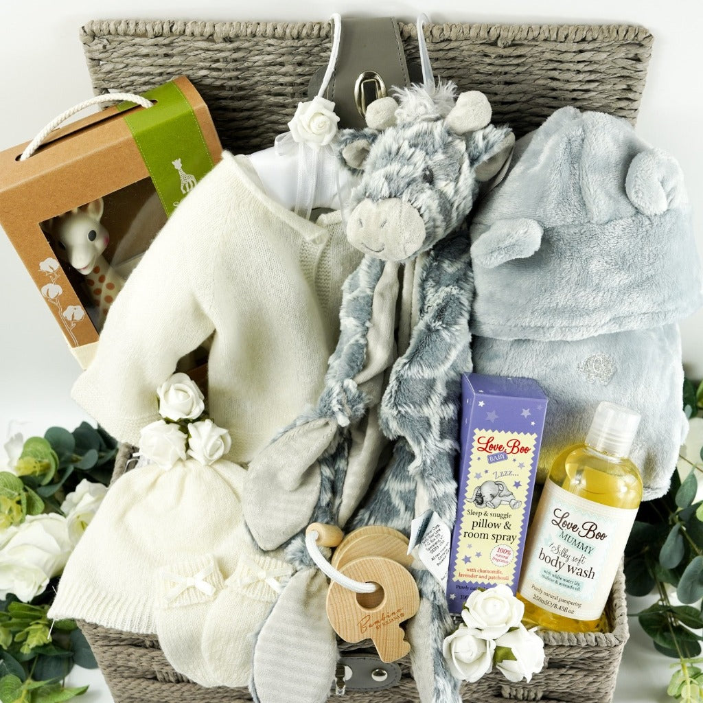 Luxury Cashmere Baby Hamper Basket, Baby Cardigan, Baby Mittens, Baby Hat  by G H Hurt, Love Boo Mum and Baby Toiletries, Sophie La Giraffe, Corporate 