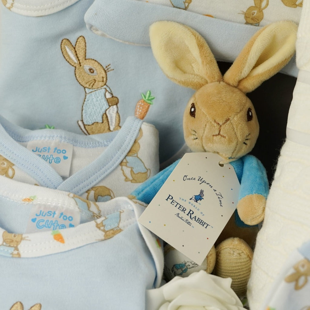 Grey magnetic baby hamper, baby boy Peter Rabbiot clothing set, blue body suit with peter rabbit embroidered design, white baby sleepsuit with rabbits, peter rabbit design baby hat with knot, baby mittens, blue bib with Pter Rabbit embroidered, white knit pom pom blanket, blue bubble comforter with ribbon tabs, baby massage oil by Love boo, Peter rabbit rattle soft toy