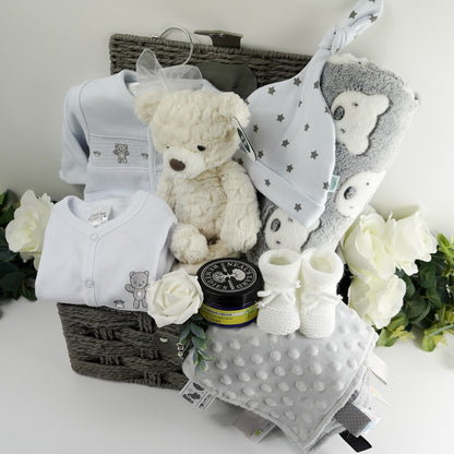 Neutral Teddy Bear Baby Gift Hamper, New Baby Clothing Set, Baby Teddy Blanket, Neal's Yard Baby Toiletries, Corporate Baby Gift
