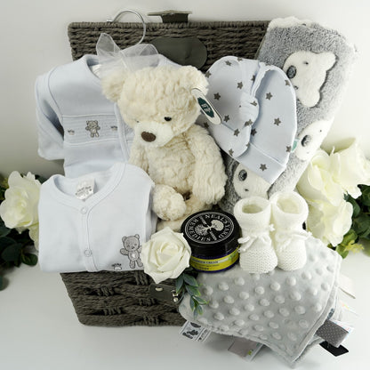 Neutral Teddy Bear Baby Gift Hamper, New Baby Clothing Set, Baby Teddy Blanket, Neal's Yard Baby Toiletries, Corporate Baby Gift