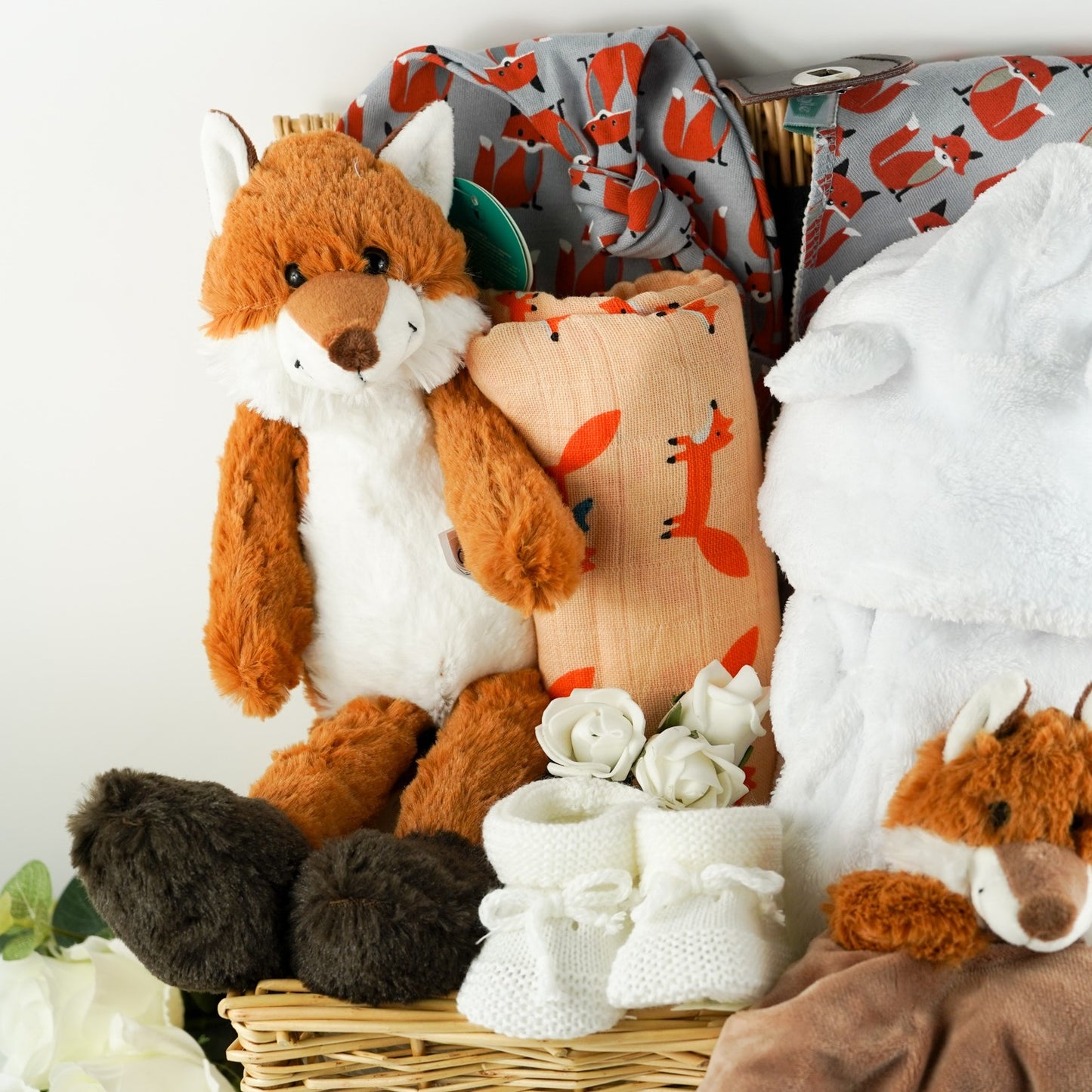 Neutral Fox Baby Hamper, Fox Toy, Ziggle Fox Knot Hat And Bib, Personalised Baby Gown