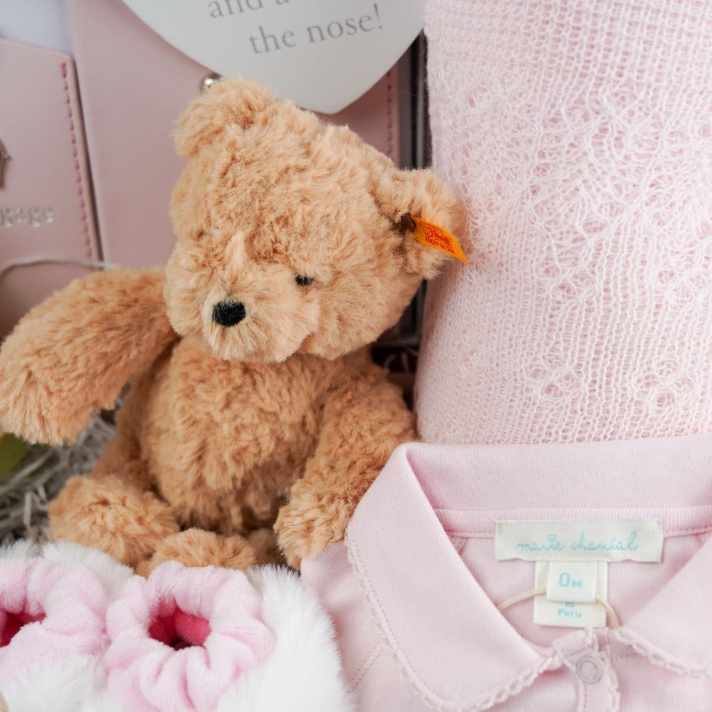 Baby Girl Luxury Hamper, Keepsake Baby Suitcase, Baby Cashmere, Marie-Chantal Baby Sleepsuit, Steiff Teddy, Baby Slippers, Little Butterfly London