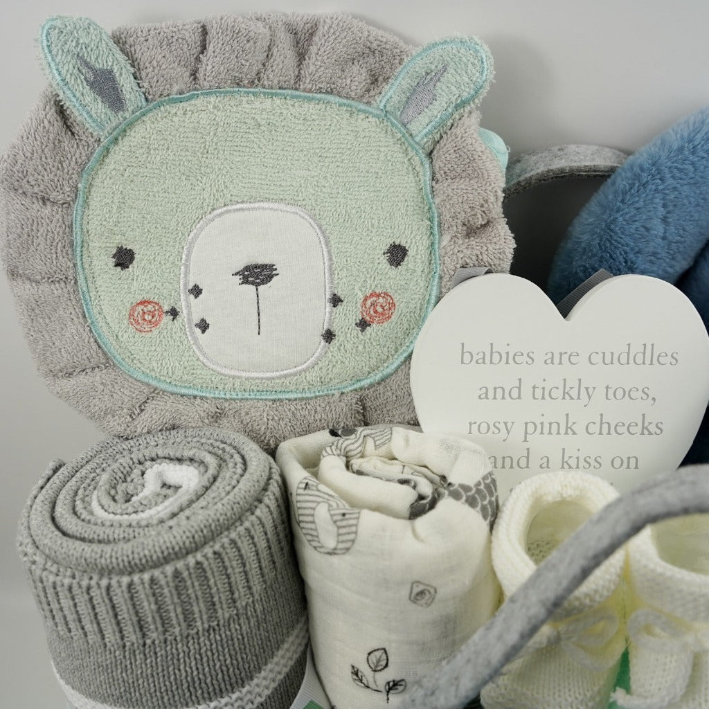 nappy caddy with baby gifts including a mint green baby dressing gown, mint green lion face hooded baby towel, baby blanket grey and white, muslin, soft cuddly ecofriendly elephant in blue and matching comforter, pregnancy toiletries