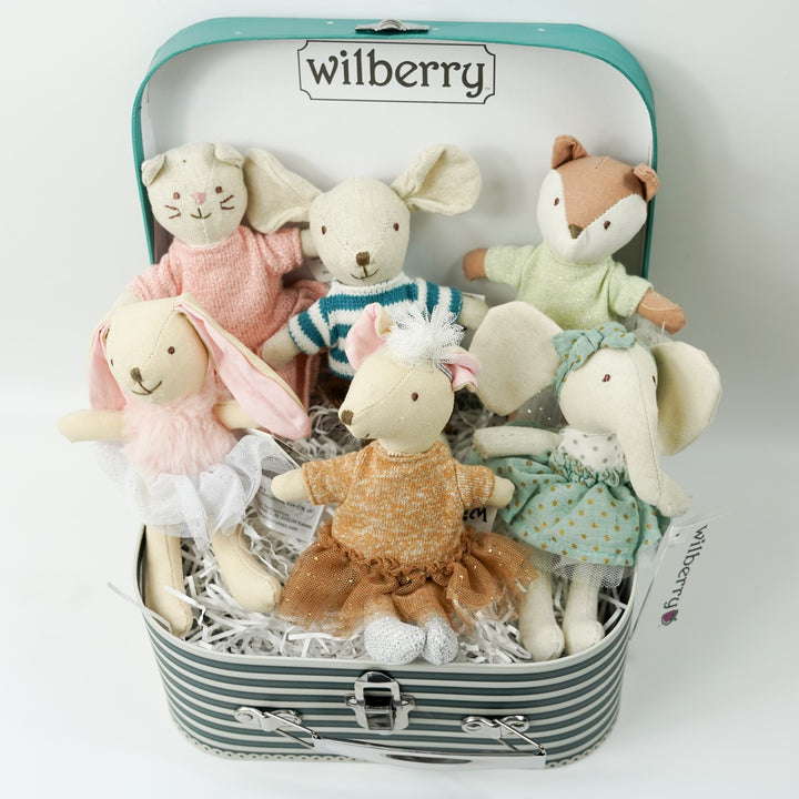 Little childs case with dressed soft toys including a rabbit, a girl and boy mouse , an elephant, fox and cat