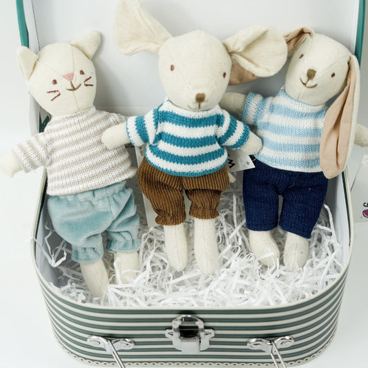 Childs case with Wilberry collectables dressed Cat in a striped jumper and blue shorts, mouse in a striped jumper and brown trousers, rabbit in a striped jumper and navy shorts 