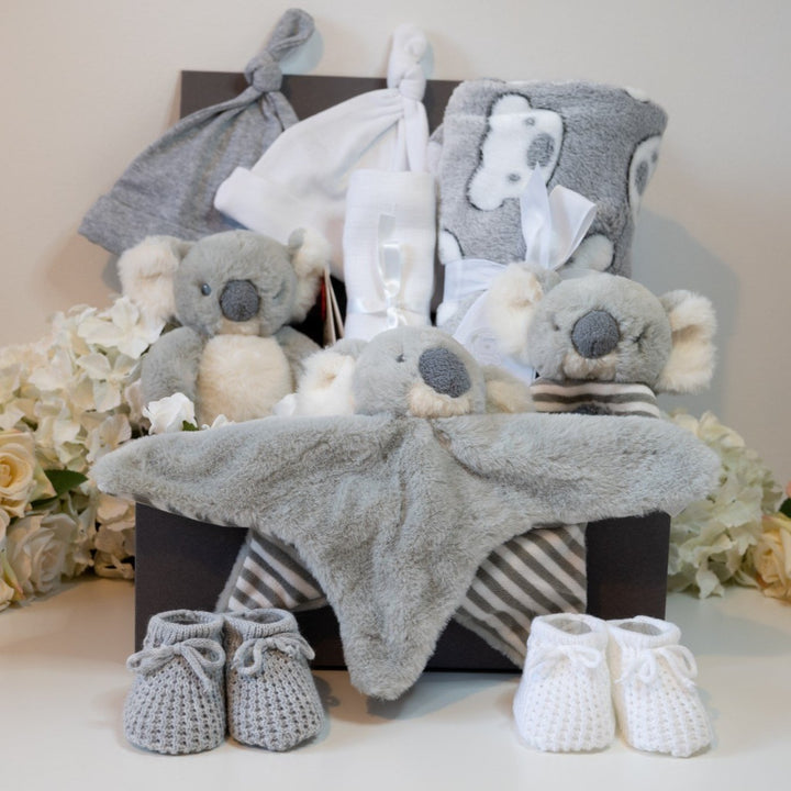 Neutral Baby Hamper, Soft Grey Baby Blanket, Baby Booties, Koala Comforter, Babys Rattle & Koala Bear, Newborn Baby Hats, Keepsake Box