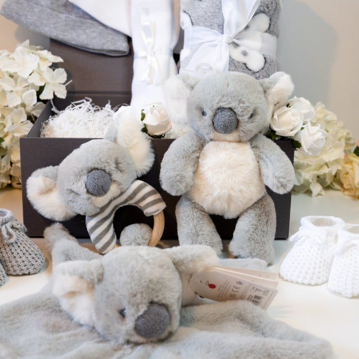 Neutral Baby Hamper, Soft Grey Baby Blanket, Baby Booties, Koala Comforter, Babys Rattle & Koala Bear, Newborn Baby Hats, Keepsake Box