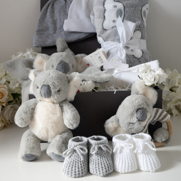 Neutral Baby Hamper, Soft Grey Baby Blanket, Baby Booties, Koala Comforter, Babys Rattle & Koala Bear, Newborn Baby Hats, Keepsake Box