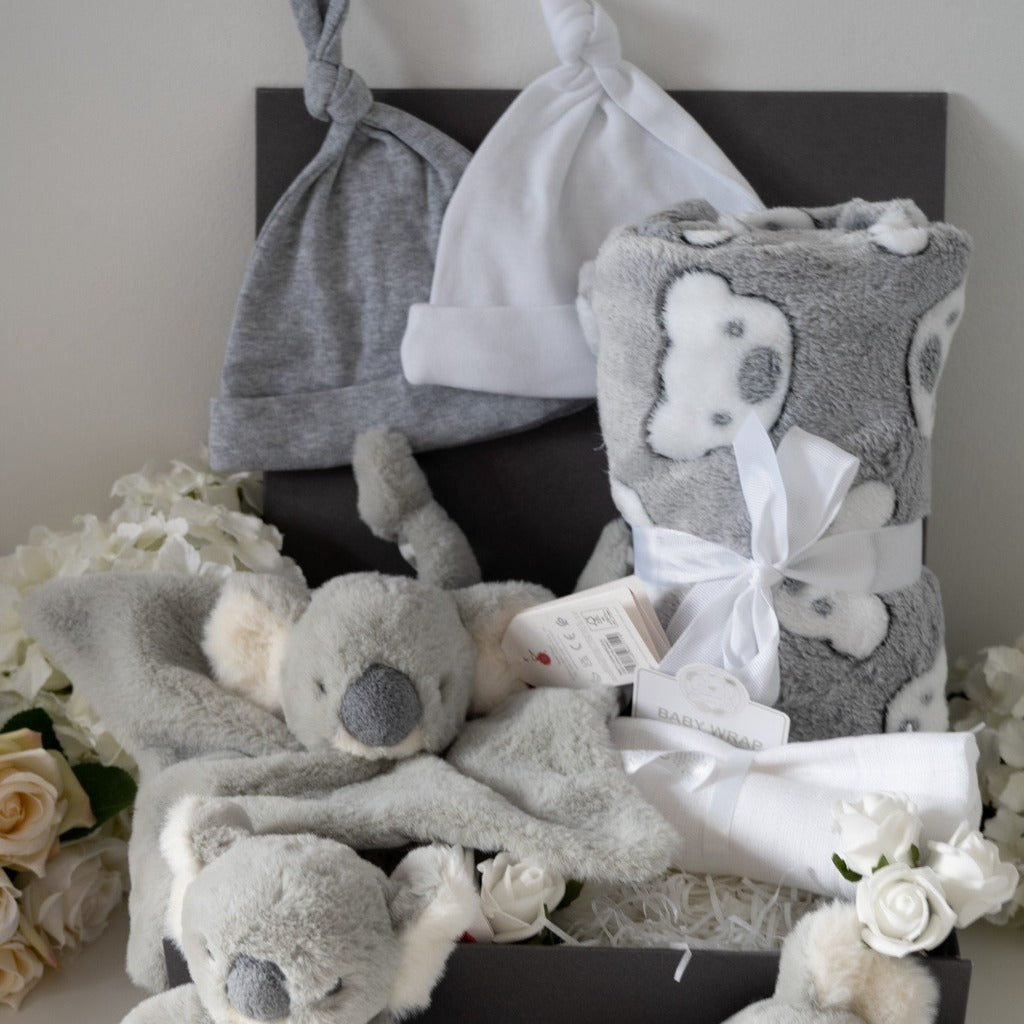 Neutral Baby Hamper, Soft Grey Baby Blanket, Baby Booties, Koala Comforter, Babys Rattle & Koala Bear, Newborn Baby Hats, Keepsake Box