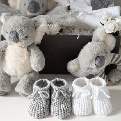 Neutral Baby Hamper, Soft Grey Baby Blanket, Baby Booties, Koala Comforter, Babys Rattle & Koala Bear, Newborn Baby Hats, Keepsake Box