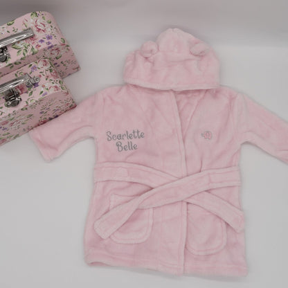 pink baby dressing gown with ears personalised with embroidery