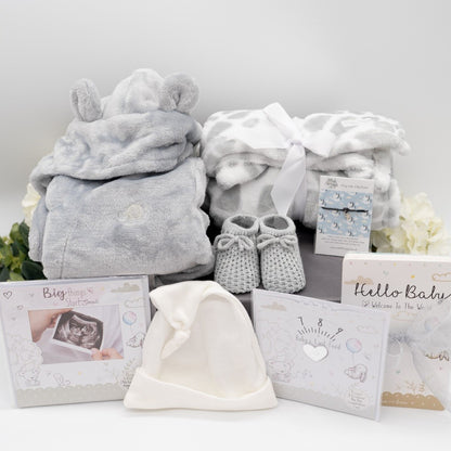 Mum To Be Gift, Soft Baby Blanket. Milestone Baby Cards, Personalised Baby Dressing Gown, Baby Booties, Baby Scan Photo Frame, Baby Keepsake Gift Box