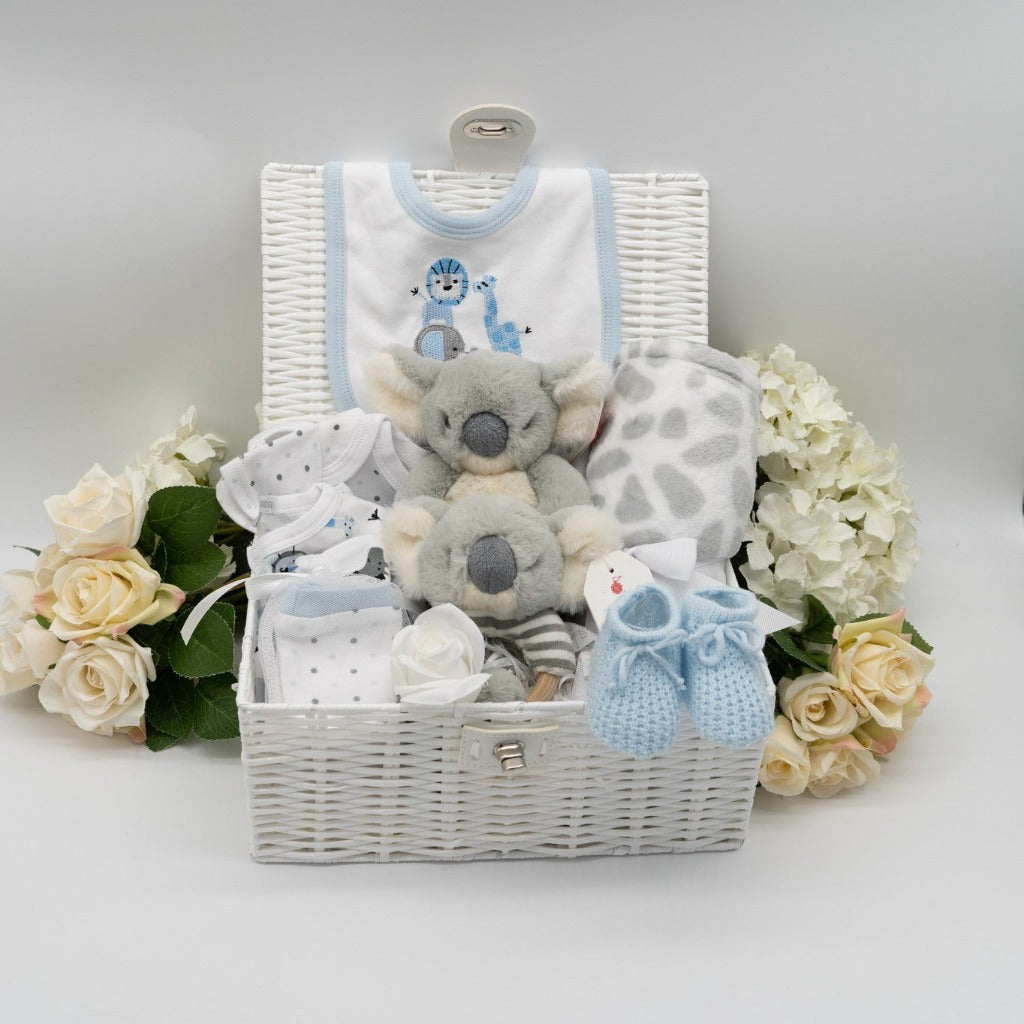 Baby Boy Gift Hamper, Safari Themed Baby Outfit, Koala Bear Soft Toy and Rattle, Giraffe Soft Baby Blanket, Baby Booties, Baby Shower Present