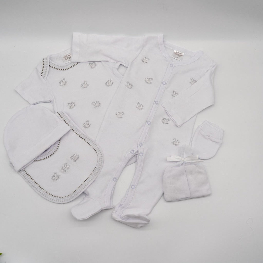 white baby clothing set with silver rocking horse embroidery