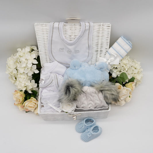 Personalisable Baby Boy Gift Hamper basket, Baby Layette and Dressing Gown Set