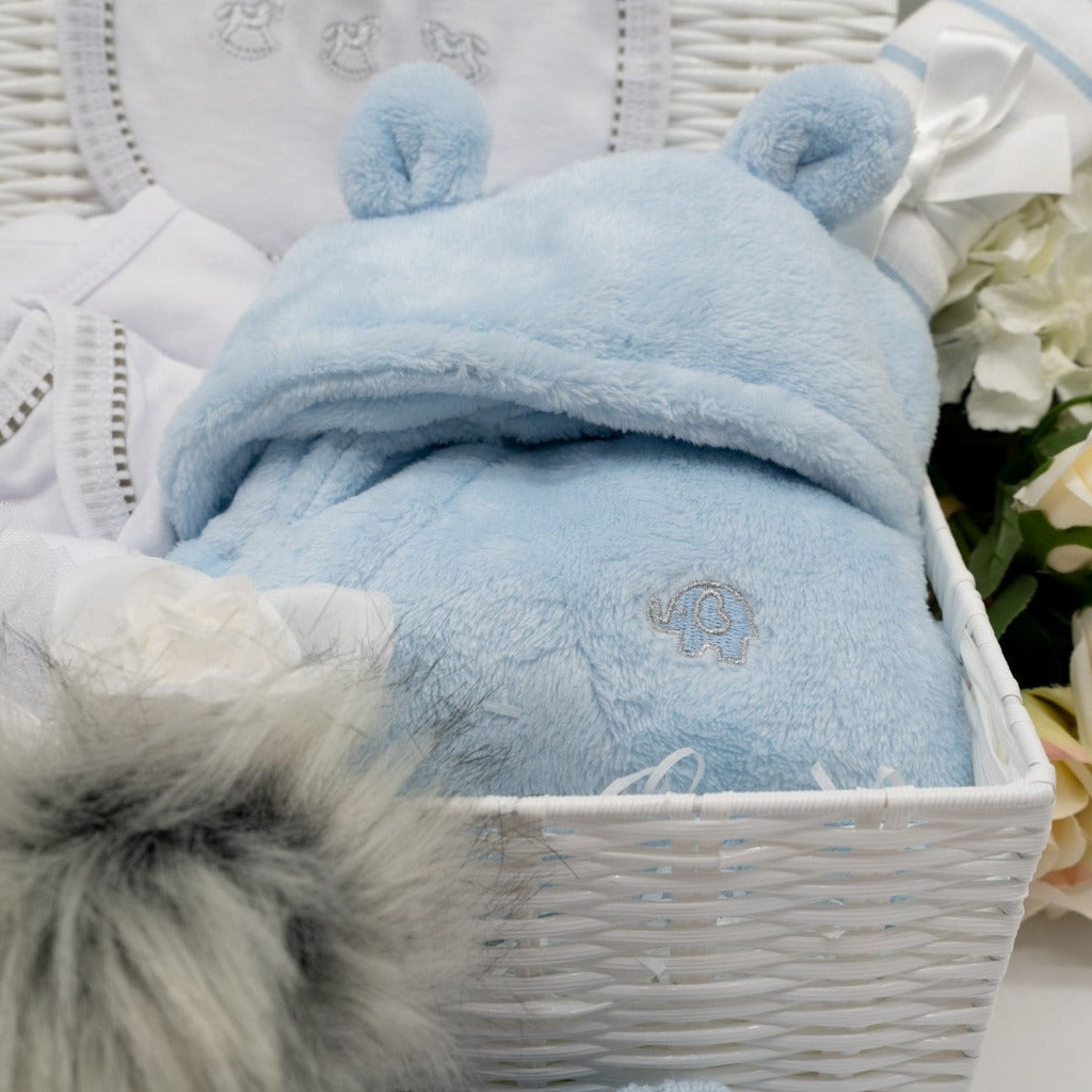 Personalisable Baby Boy Gift Hamper basket, Baby Layette and Dressing Gown Set