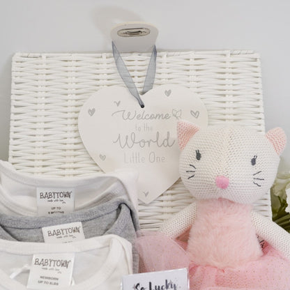 Baby Girl Milestone Hamper Basket, Knitted Cat Cuddly Toy, Heart Nursery Decoration, Wish Bracelet, Pink Baby Girl Booties, Baby Shower Gift