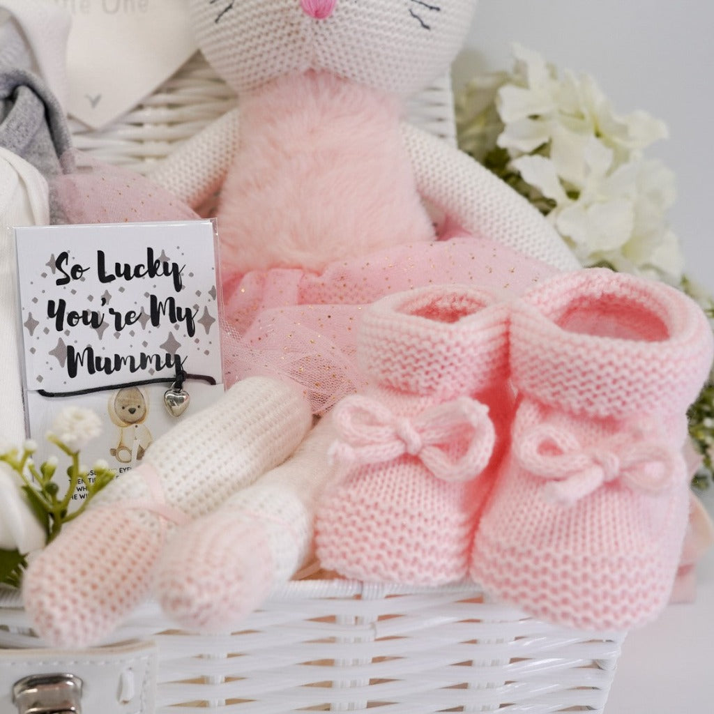 Baby Girl Milestone Hamper Basket, Knitted Cat Cuddly Toy, Heart Nursery Decoration, Wish Bracelet, Pink Baby Girl Booties, Baby Shower Gift