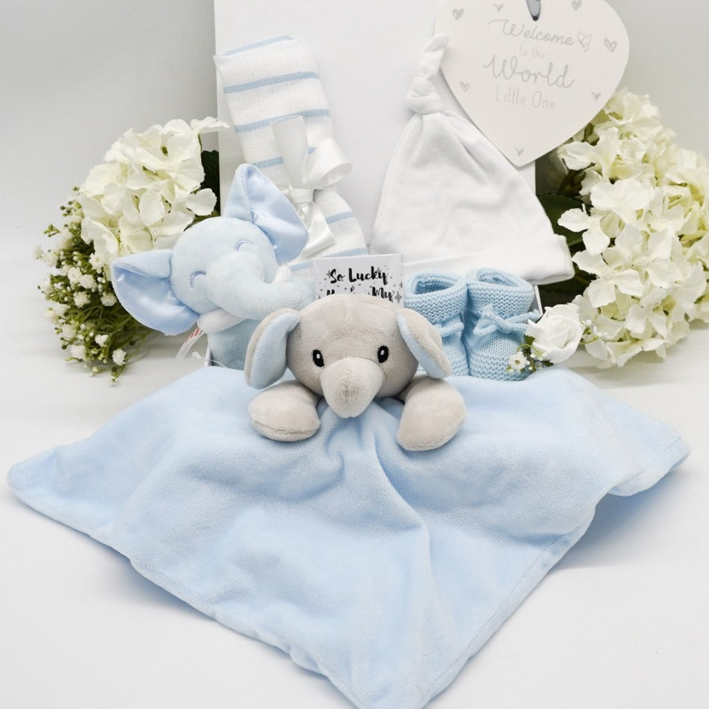 baby boy gift hamper with elephant rattle and comforter 
