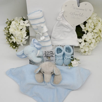 Blue Baby Boy Elephant Gift Hamper, Personalised Baby Comforter, Baby Muslin, Welcome to the World Nursery Decoration, Baby Boy Elephant Rattle, Knotted Baby Hat, Baby Shower Gift