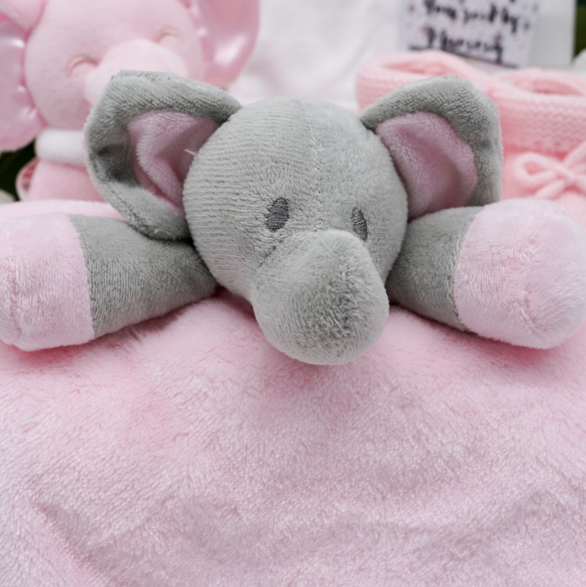 Pink Ellie Baby Girl Gift Hamper, Personalisable Elephant Baby Comforter, Baby Girl Elephant Rattle Active