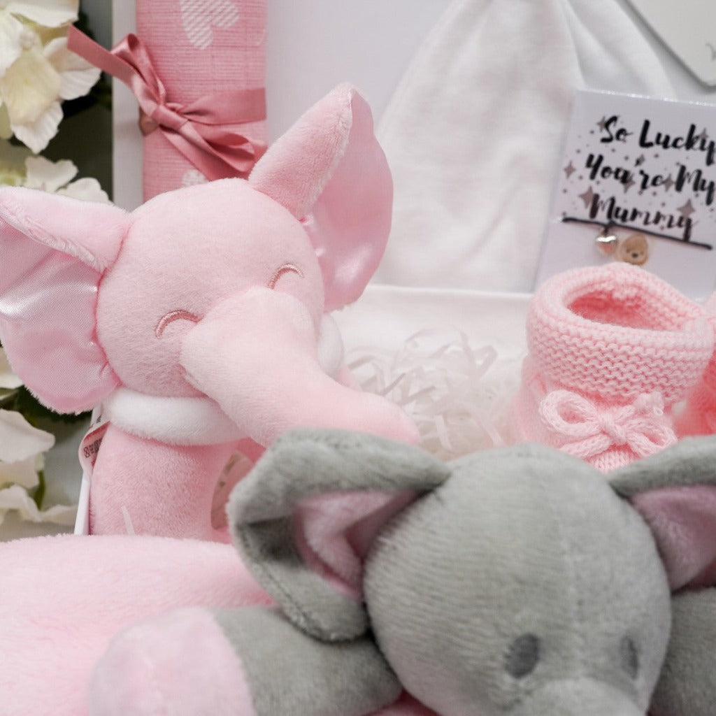 Pink Ellie Baby Girl Gift Hamper, Personalisable Elephant Baby Comforter, Baby Girl Elephant Rattle Active