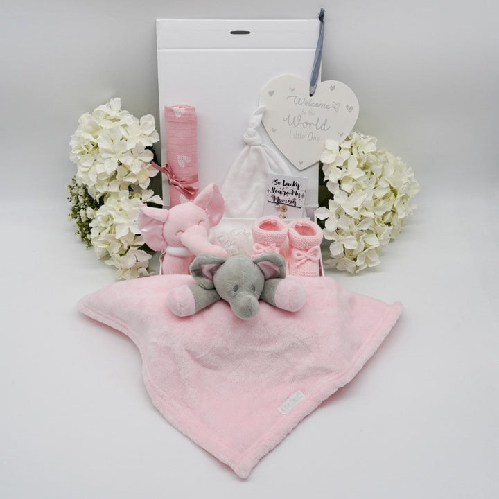 Ellie baby girl hamper, pink comforter and rattle