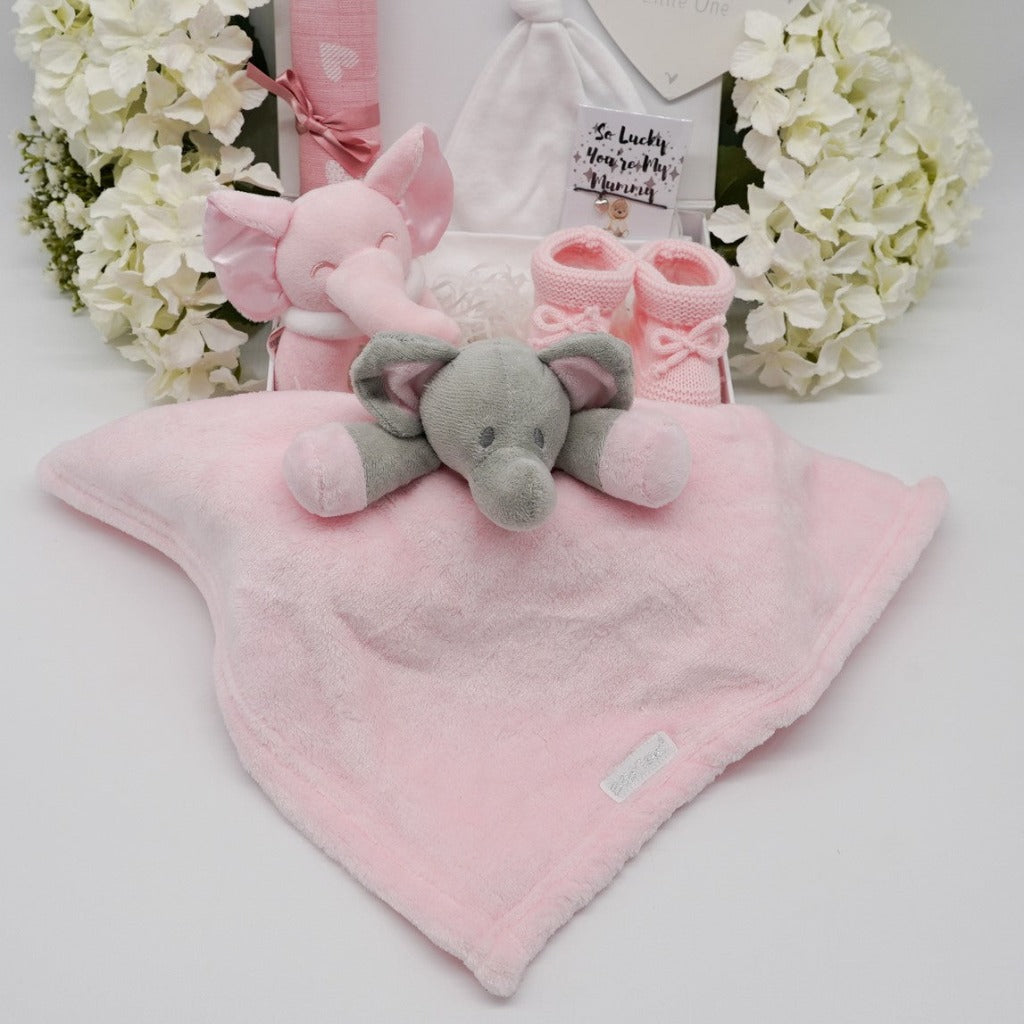 Pink elephant baby girl hamper with elephant comforter and soft elephant rattle