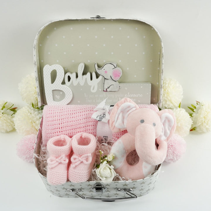 Elephant Baby Gift Hamper, Pink Baby Girl Gift Hamper, Pink Elephant Rattle, Soft Baby Blanket