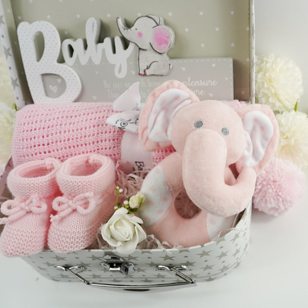 Elephant Baby Gift Hampers, Pink Baby Girl Gift Hamper, Pink Elephant Rattle, Soft Baby Blanket
