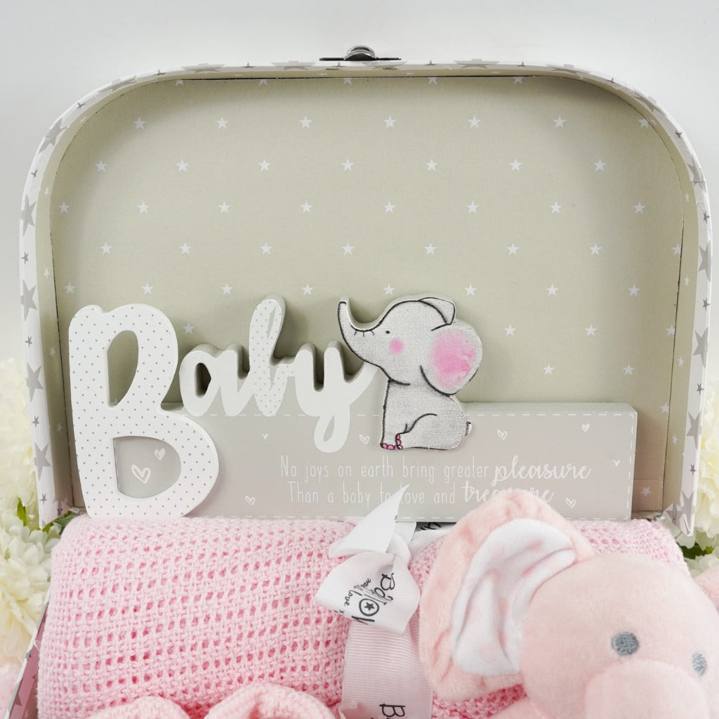 Elephant Baby Gift Hamper, Pink Baby Girl Gift Hamper, Pink Elephant Rattle, Soft Baby Blanket