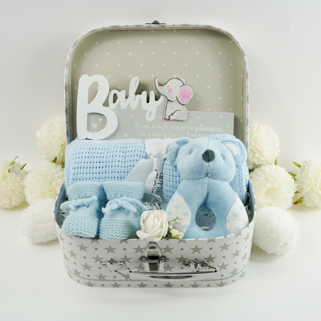 Blue baby boy  giftwith blanket, soft teddy rattle, bootees and nursery plaque 