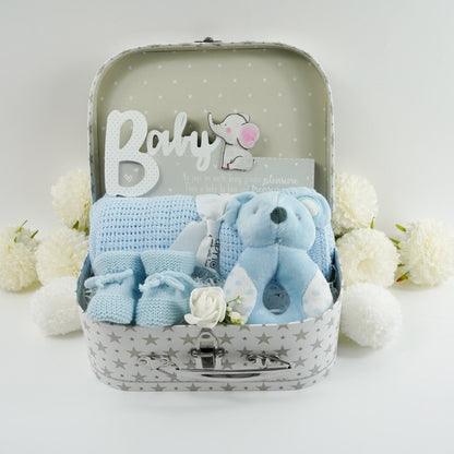 Baby Boy Blue Hamper, Soft Blue Baby Rattle, Blue Soft Cellular Baby Blanket Gift Set, Baby Suitcase