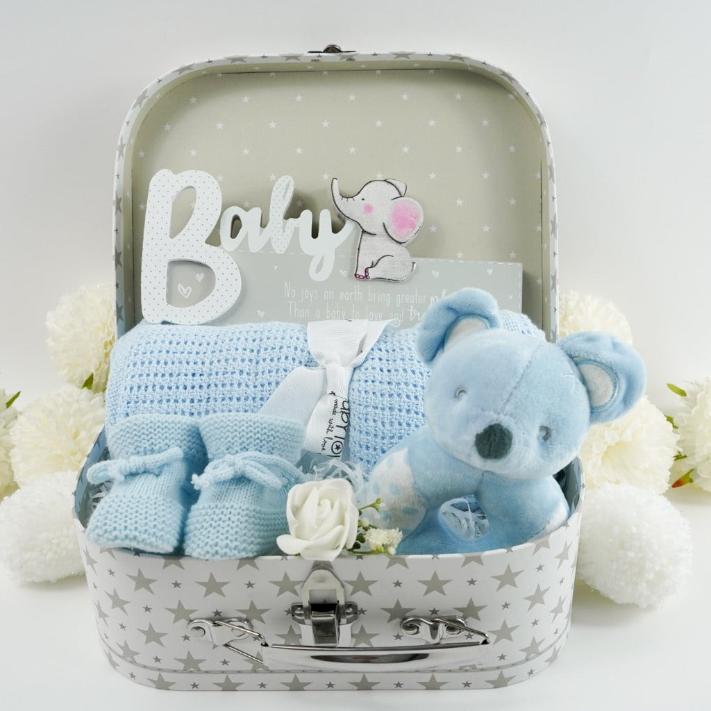 Baby Boy Blue Hampers, Soft Blue Baby Rattle, Blue Soft Cellular Baby Blanket Gift Set, Baby Suitcase