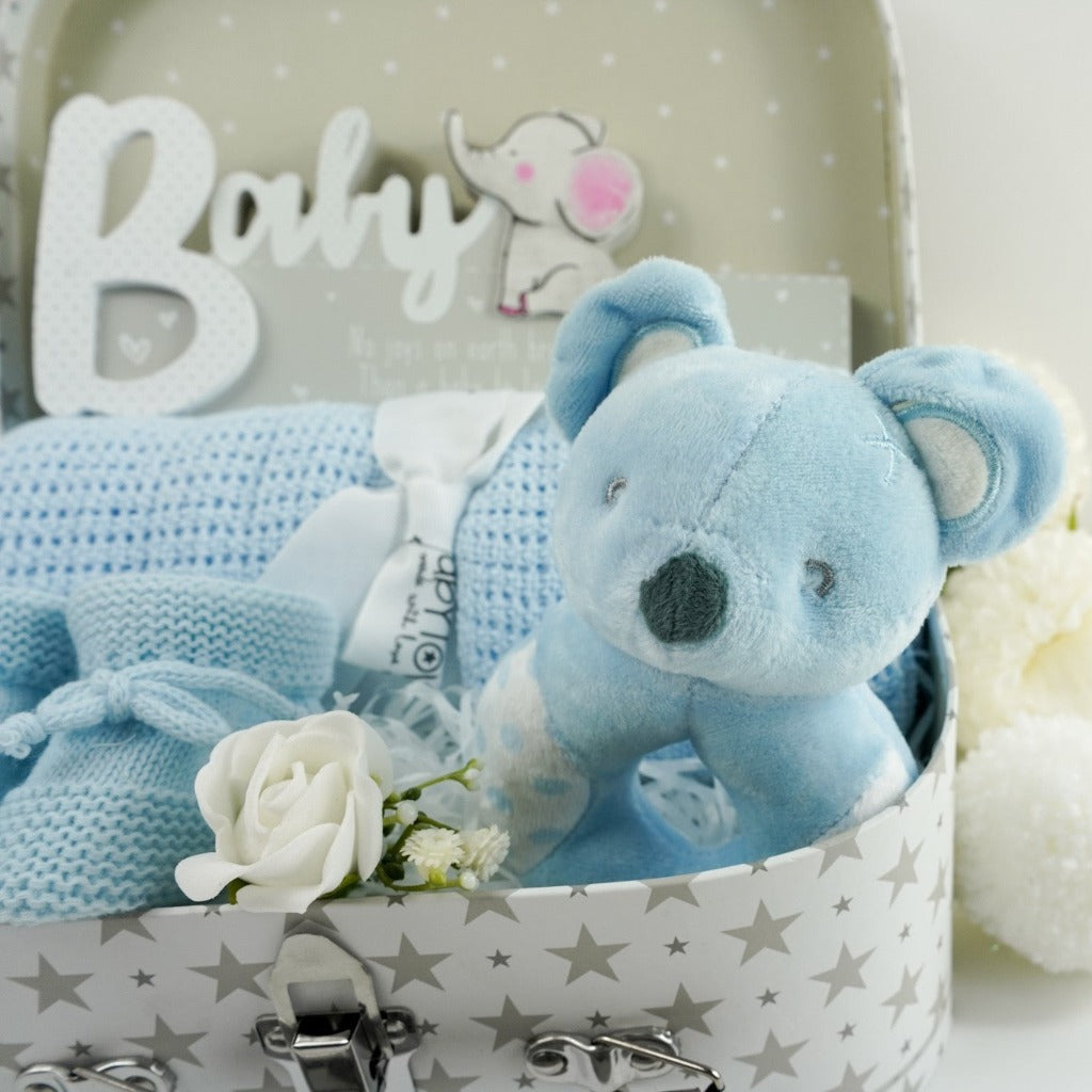 Baby Boy Blue Hampers, Soft Blue Baby Rattle, Blue Soft Cellular Baby Blanket Gift Set, Baby Suitcase