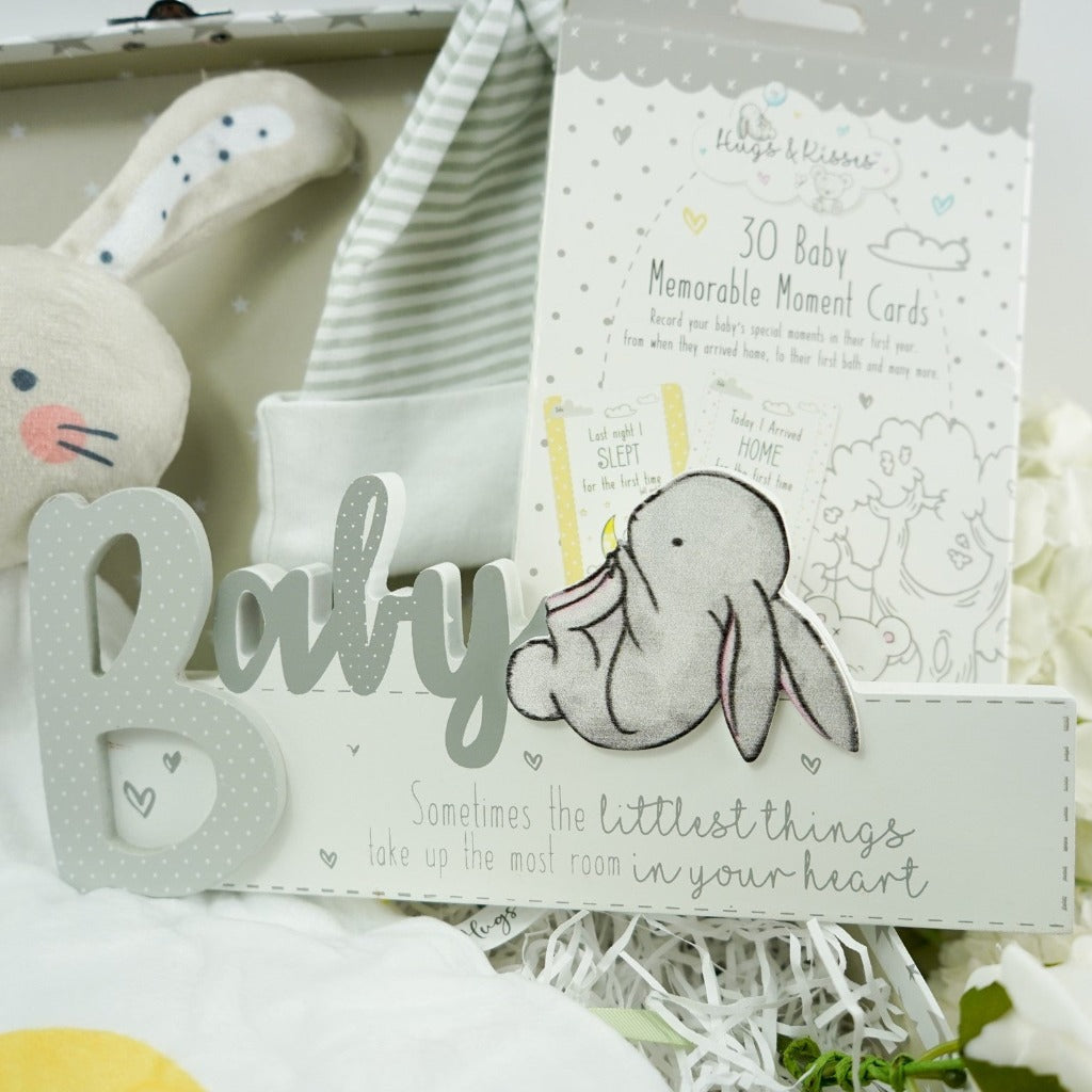 Bunny Baby Gift Hamper, Bunny Taggie And Rainbow Comforter, Milestone Baby Cards