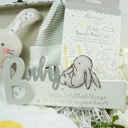 Bunny Baby Gift Hamper, Bunny Taggie And Rainbow Comforter, Milestone Baby Cards