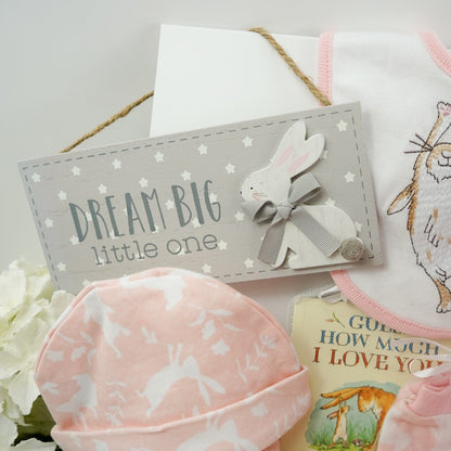 Pink and white guess how much I love you baby hamper with soft pink Miffy and Dream big little one baby plaque