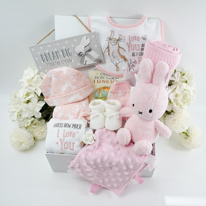 Baby hamper with guess how much I love you baby set and soft pink miffy toy