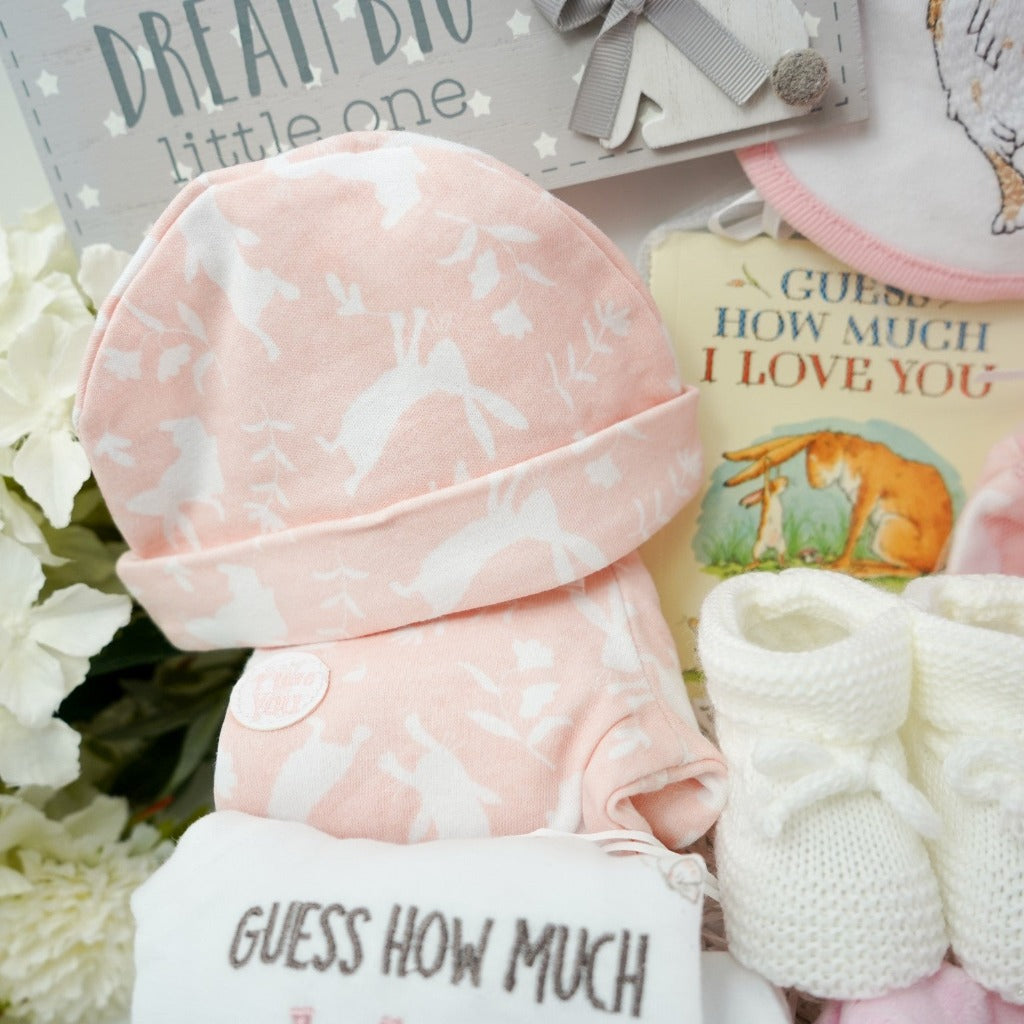 Guess how much I love you pink and white baby set  including a sleep suit, vest , hat, mittens and book