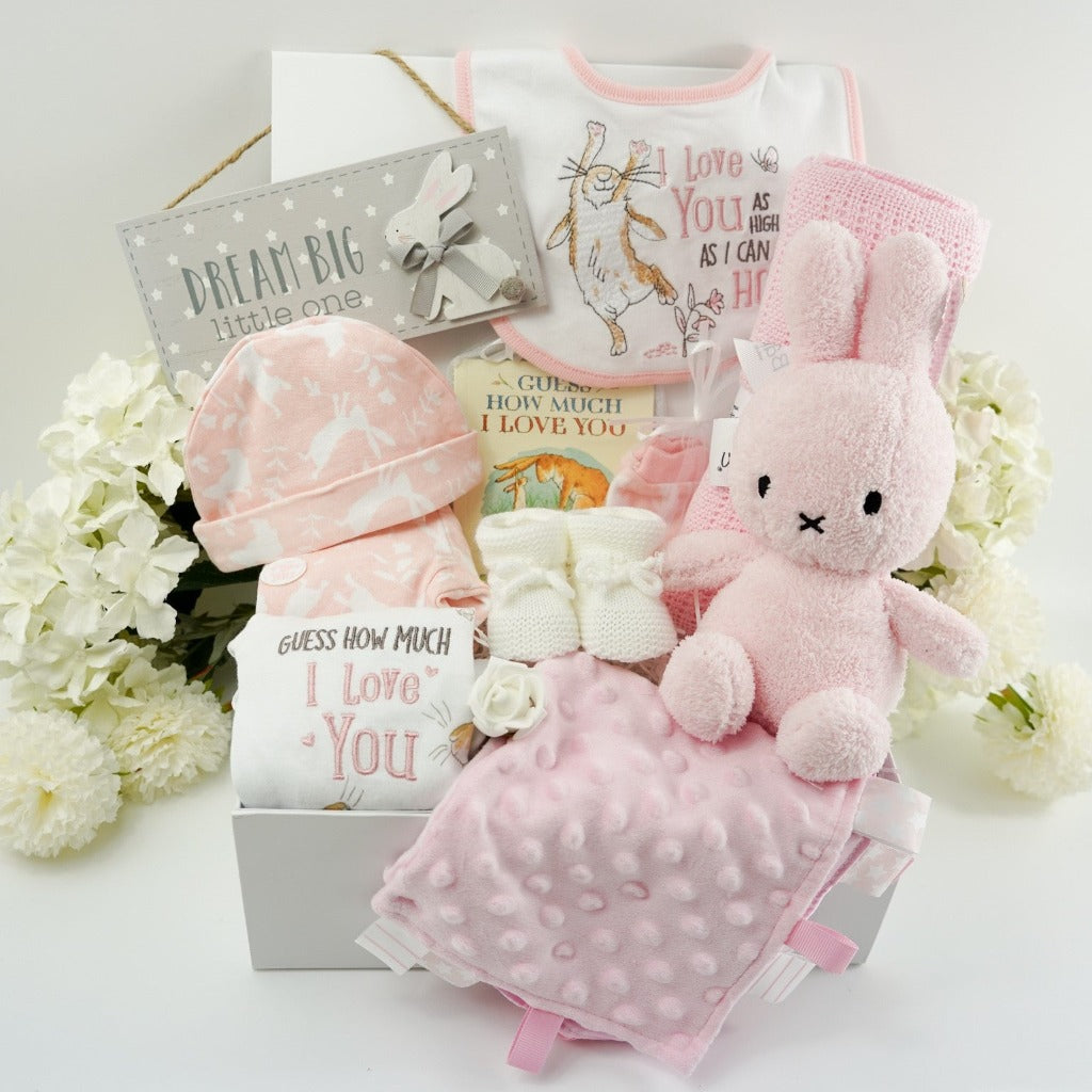 Baby hamper with guess how much I love you baby set and soft pink miffy toy